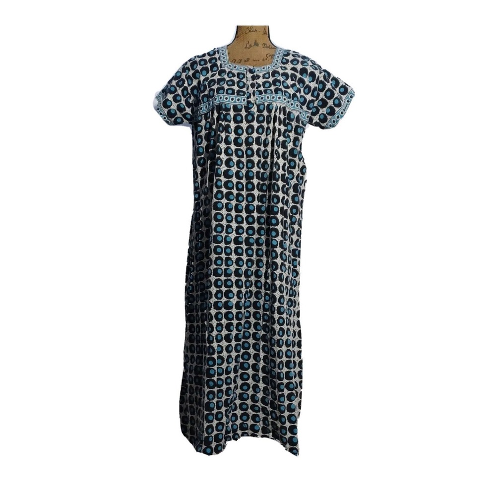 LAHARI Dress‎ Ethnic Batik India Long Length Shift Blue Navy Polka Dot Unique